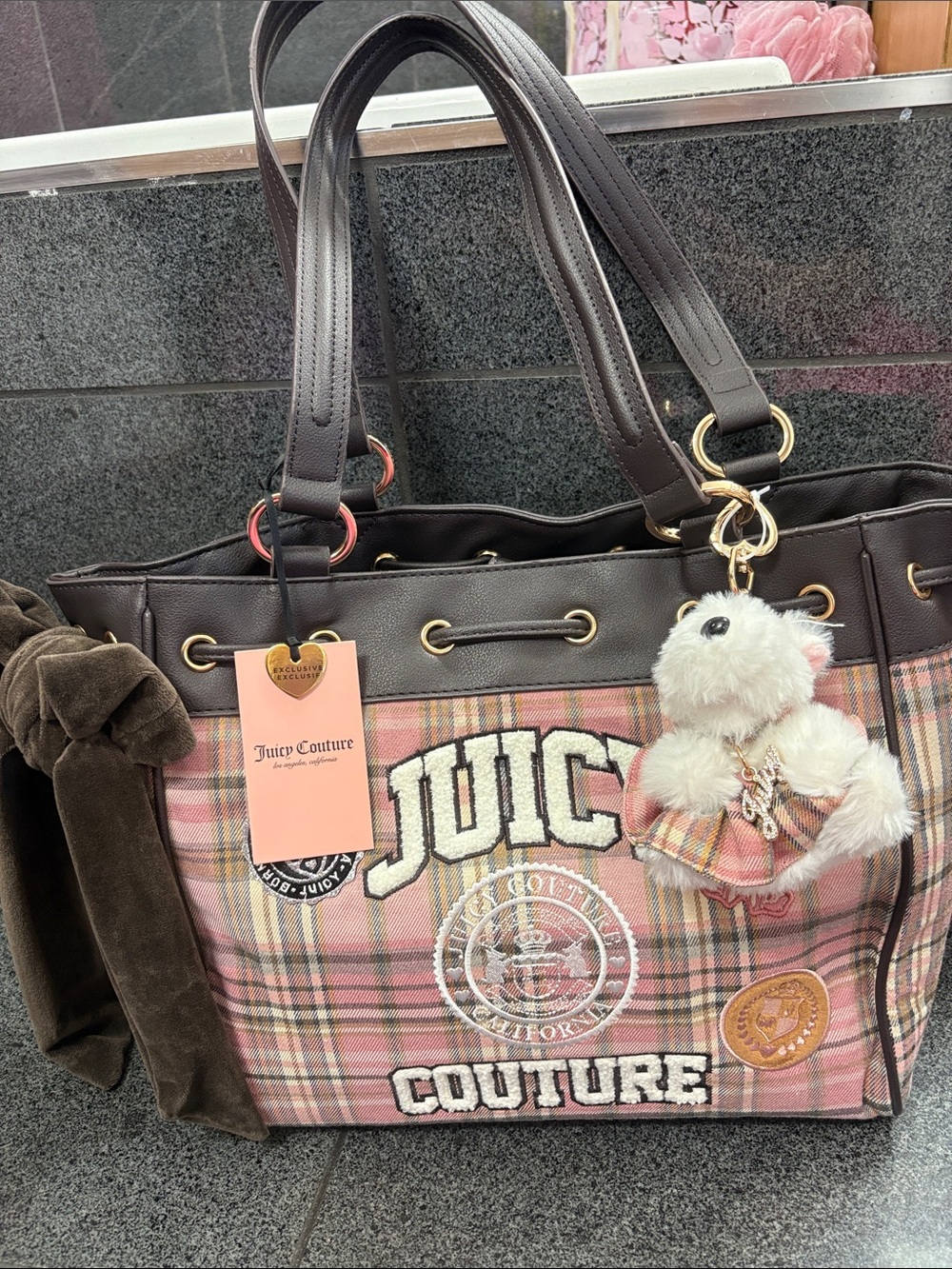 Exclusive Juicy Couture Pink Plaid Tote with Brown Trim and Teddy Charm